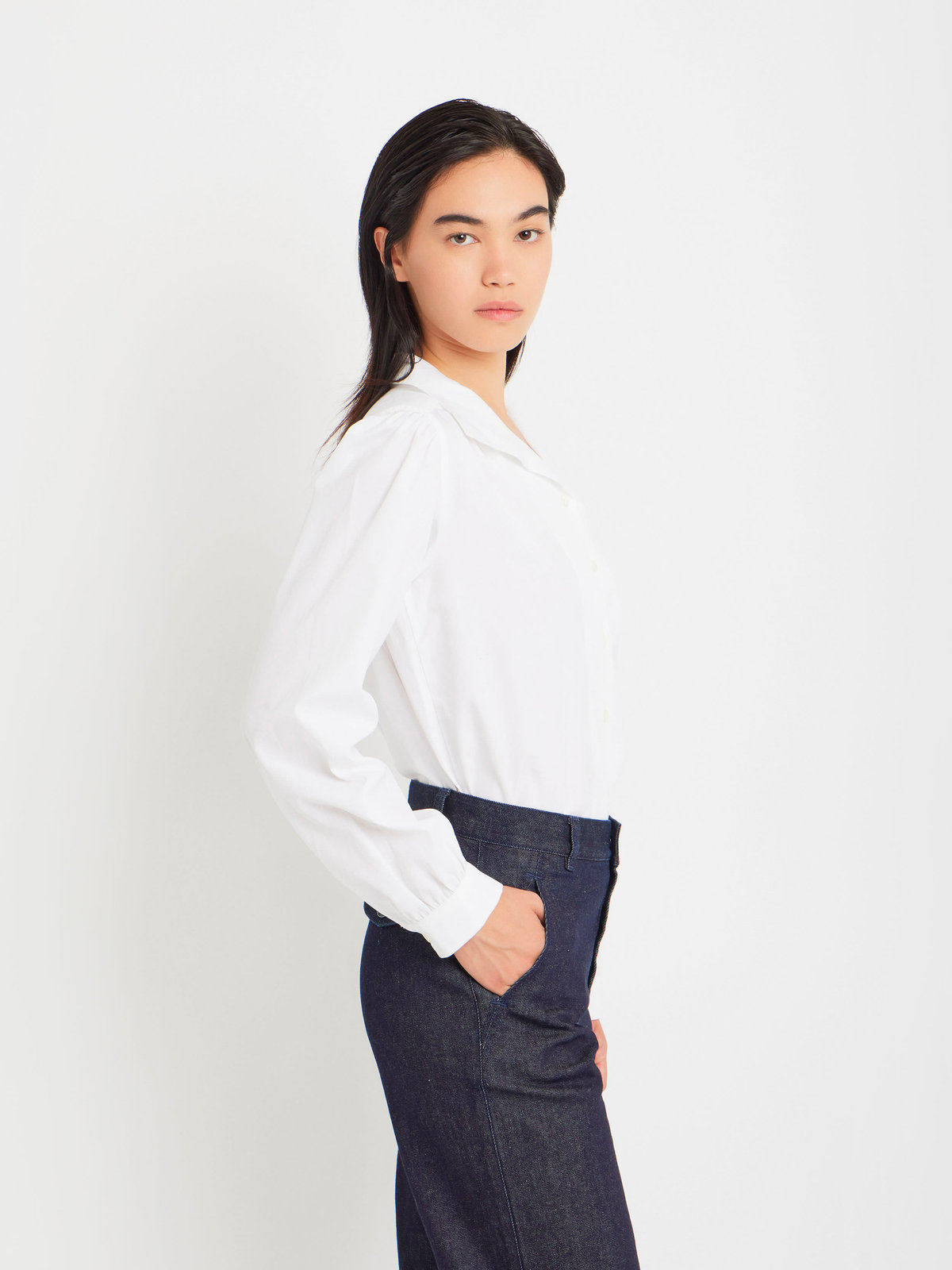 FEMME ウィメンズ コットン オープンカラー 長袖 ブラウス ホワイト