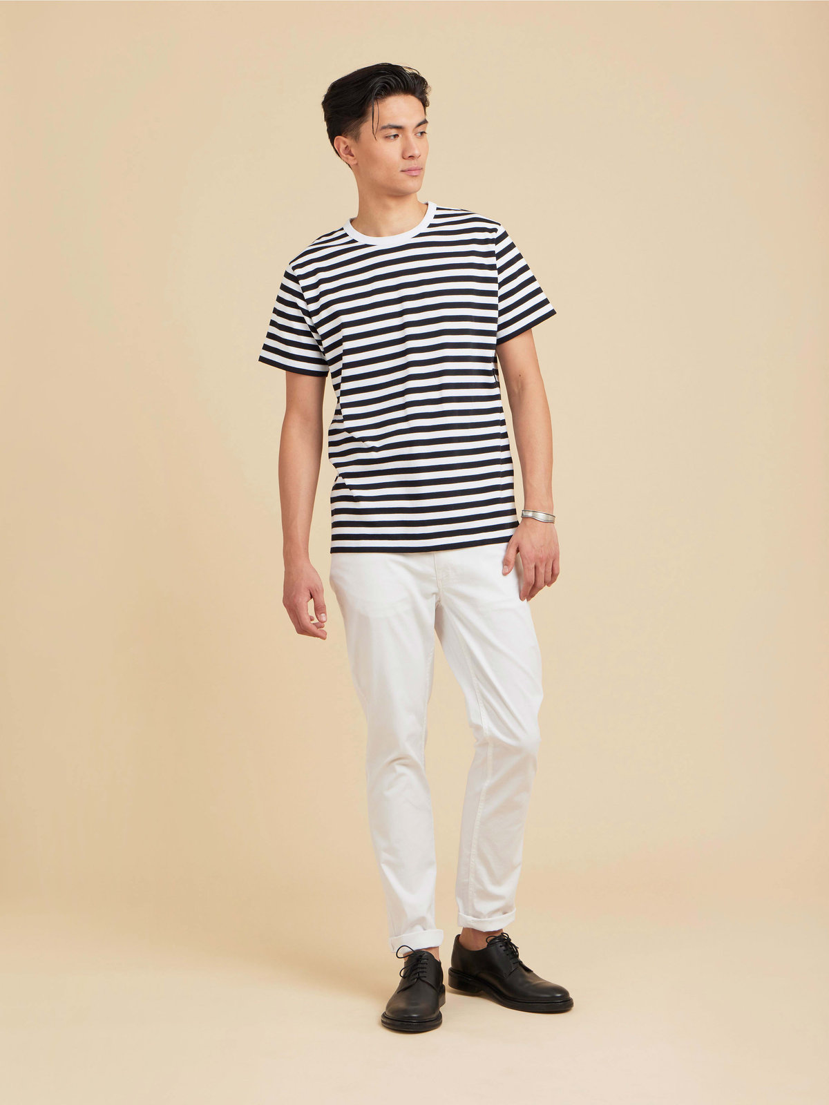 HOMME メンズ メンズ コットン 細ボーダー 半袖Tシャツ "Coulos" ホワイト×ブラック