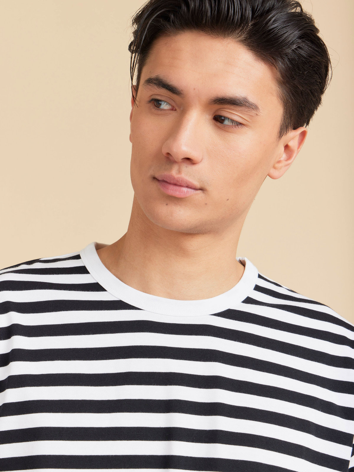 HOMME メンズ メンズ コットン 細ボーダー 半袖Tシャツ "Coulos" ホワイト×ブラック