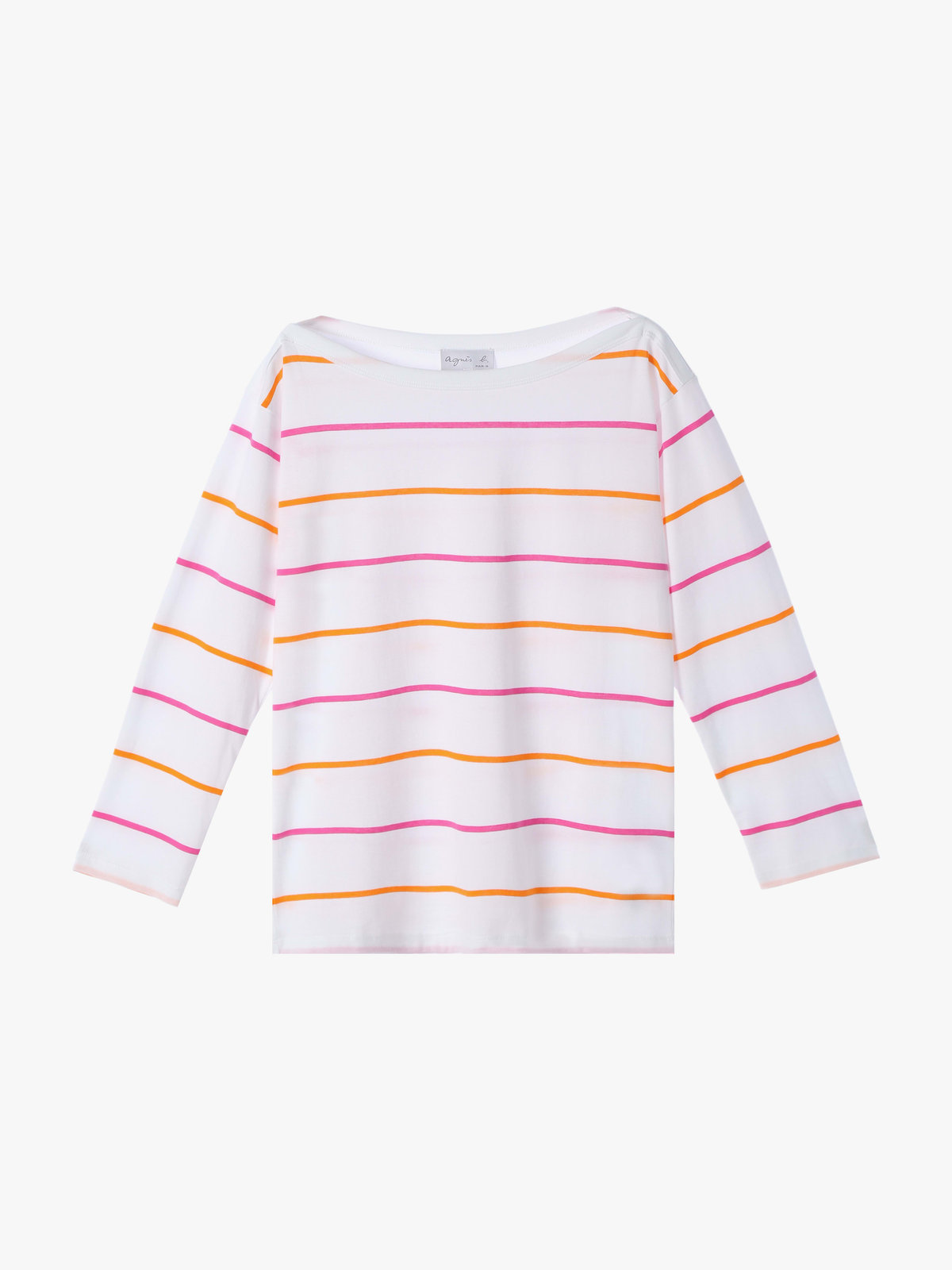 FEMME ウィメンズ ボーダー コットン ボートネック 七分袖 Tシャツ ホワイト