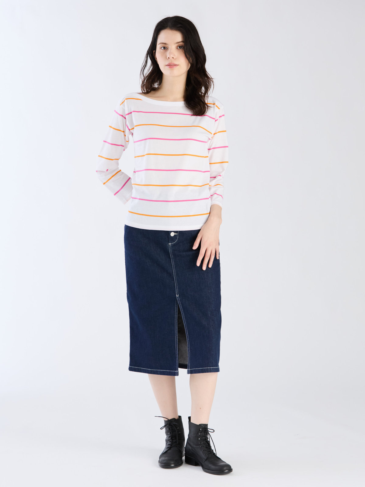 FEMME ウィメンズ ボーダー コットン ボートネック 七分袖 Tシャツ ホワイト