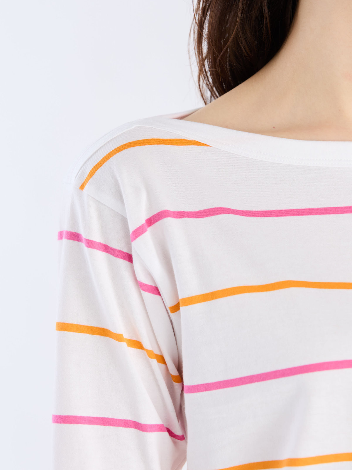 FEMME ウィメンズ ボーダー コットン ボートネック 七分袖 Tシャツ ホワイト
