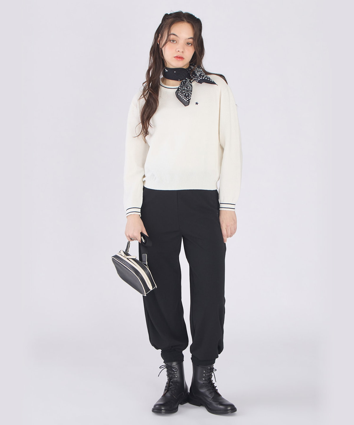 To b. by agnès b. スター 刺繍 ライン コットン 長袖 ニット プルオーバー ホワイト