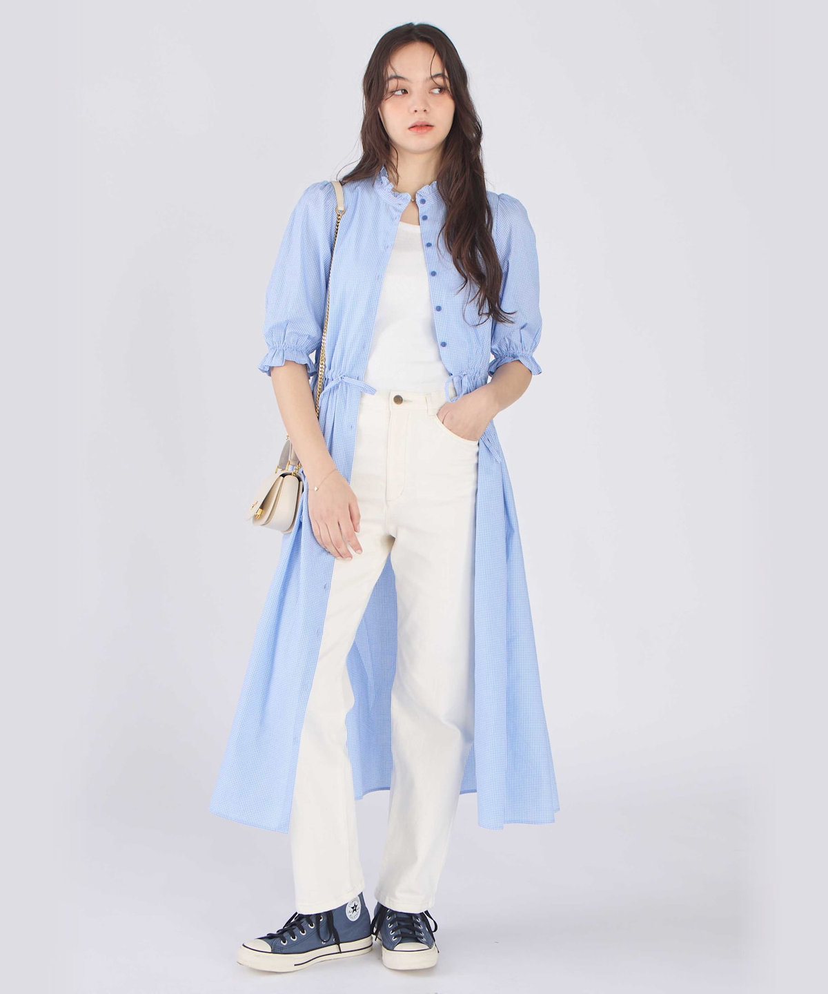 To b. by agnès b. ギンガムチェック コットン フリル ワンピース ブルー