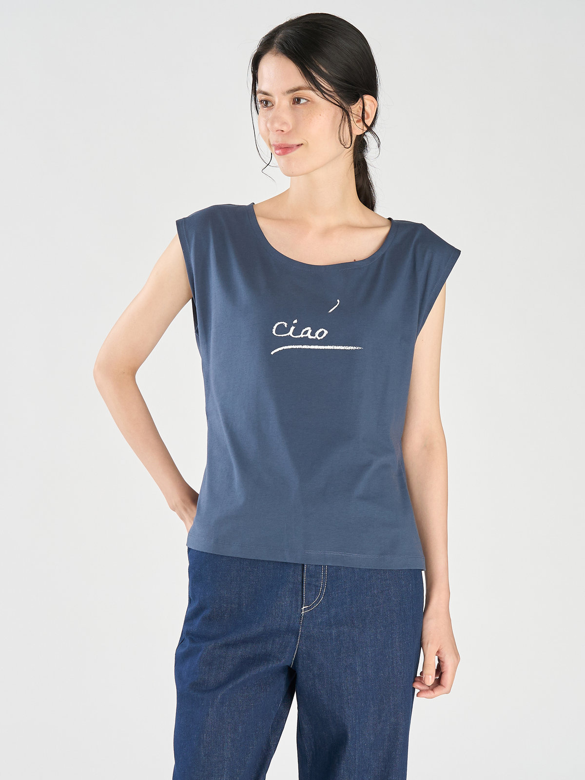 FEMME ウィメンズ メッセージプリント コットン 半袖 Tシャツ "Ciao" ブルー系その他