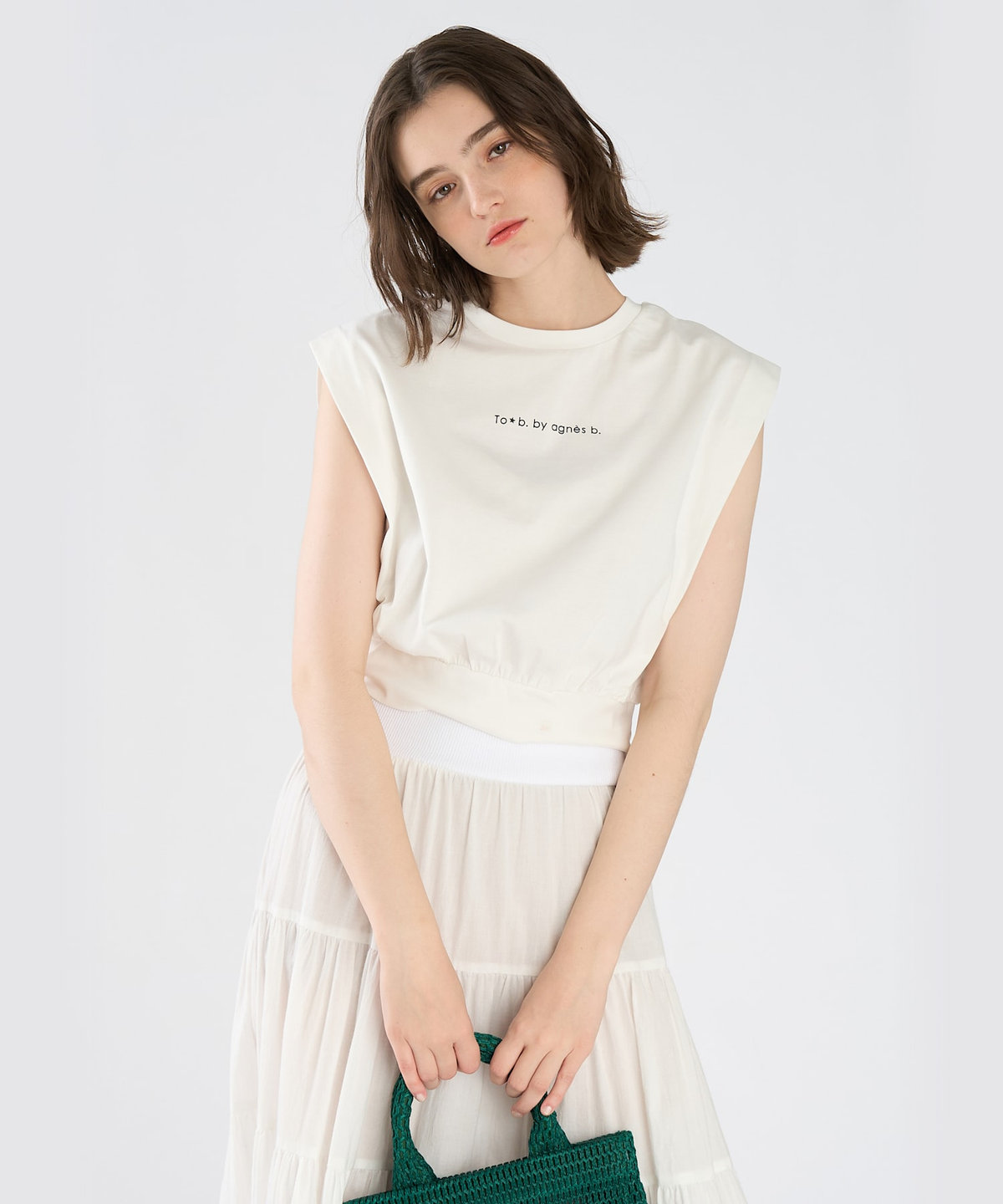To b. by agnès b. ロゴ コットン フレンチスリーブ トップス ホワイト