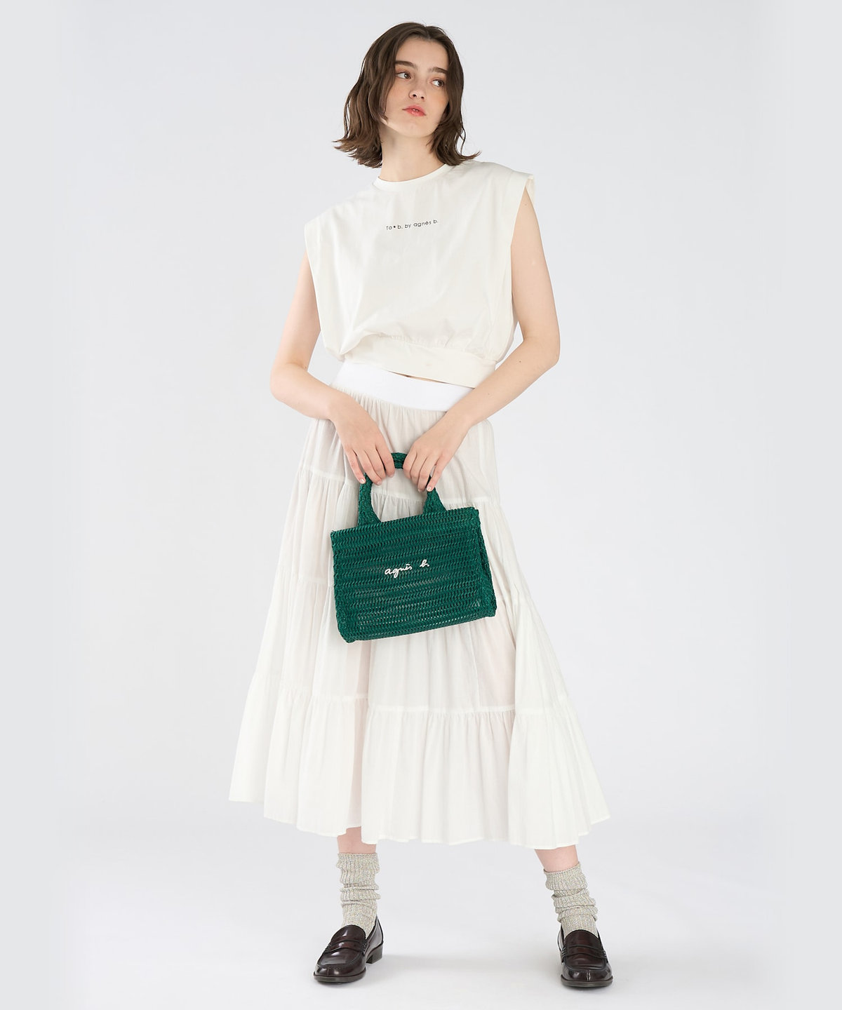 To b. by agnès b. ロゴ コットン フレンチスリーブ トップス ホワイト