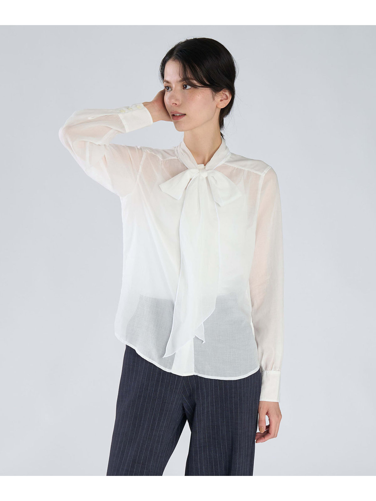 FEMME ウィメンズ コットン 長袖 ボウタイ ブラウス ホワイト
