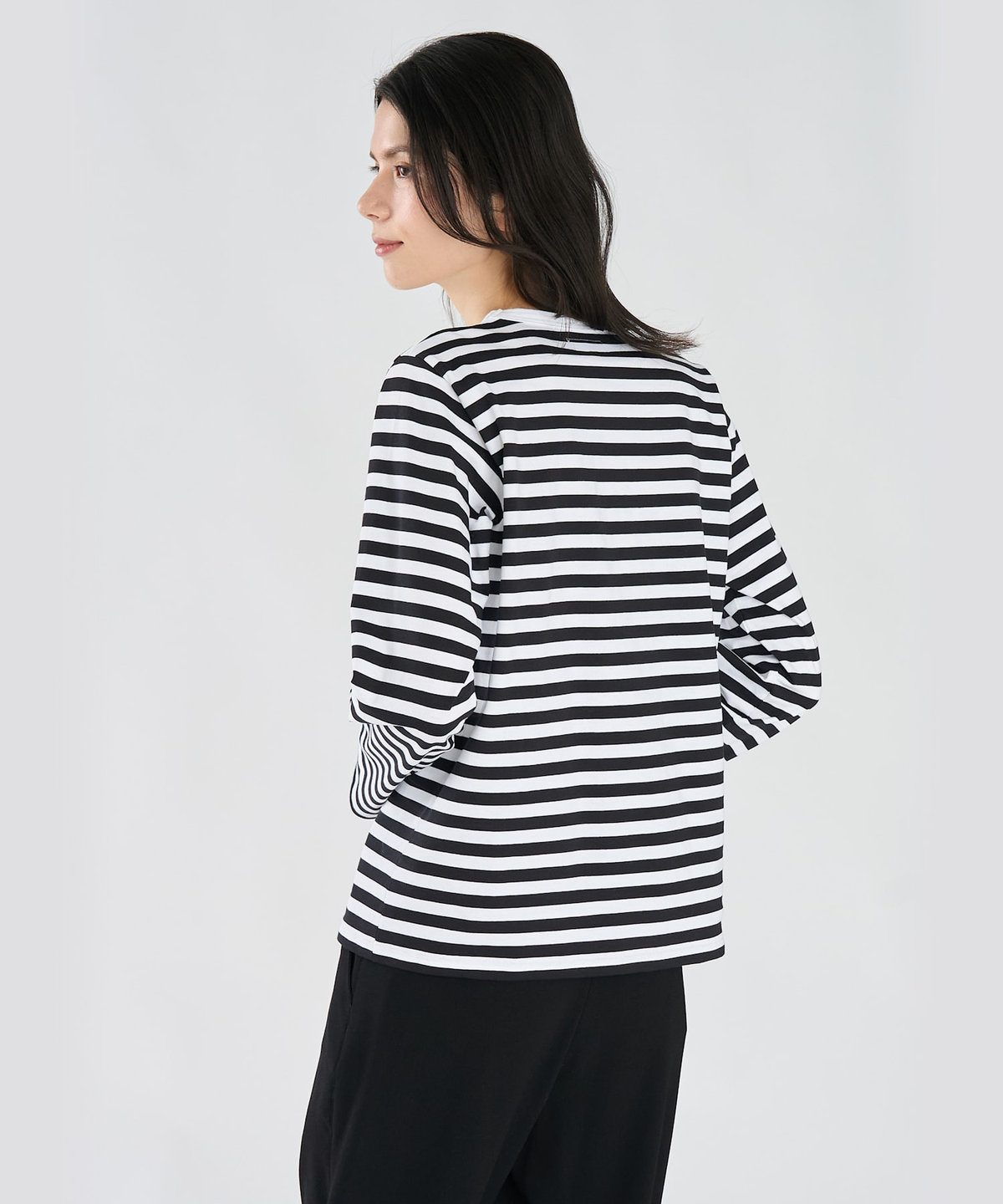 FEMME ウィメンズ 【by R 限定品】agnes b. 細ボーダーxストライプ コットン 長袖 Tシャツ "Haru" ホワイト×ブラック