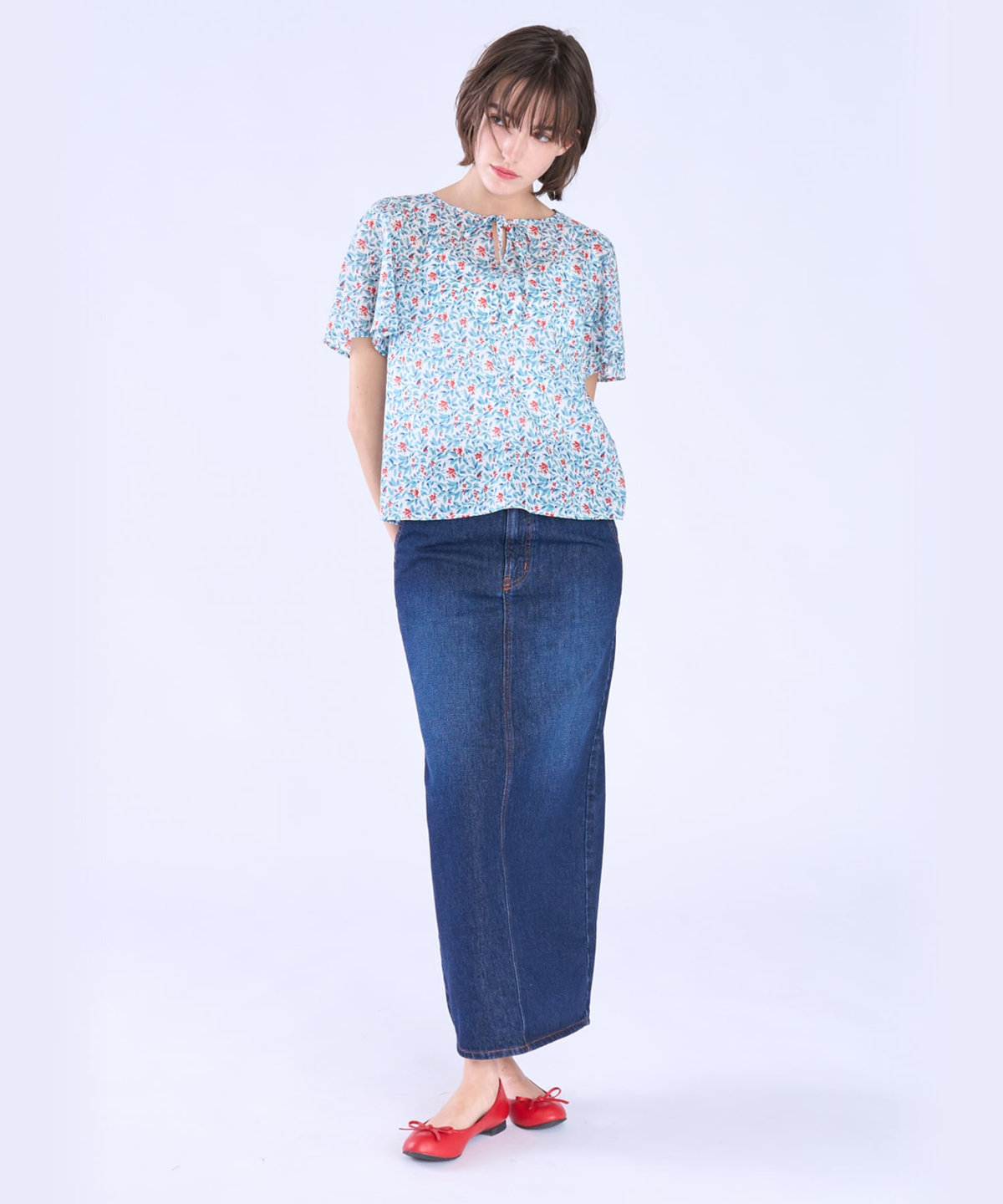 To b. by agnès b. ボタニカル プリント コットン 半袖 ブラウス レッド