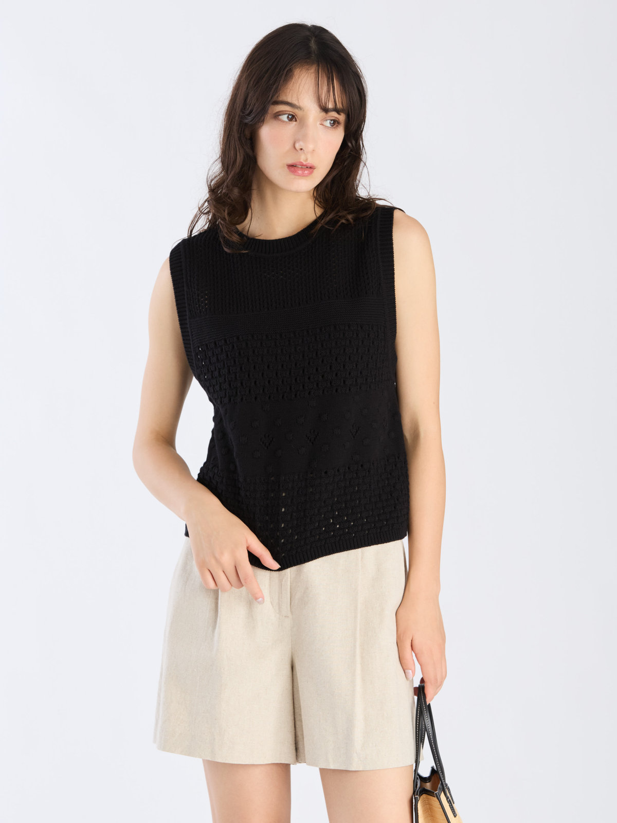 To b. by agnès b. 【Outlet】コットン オープンワーク ニット プルオーバー ブラック