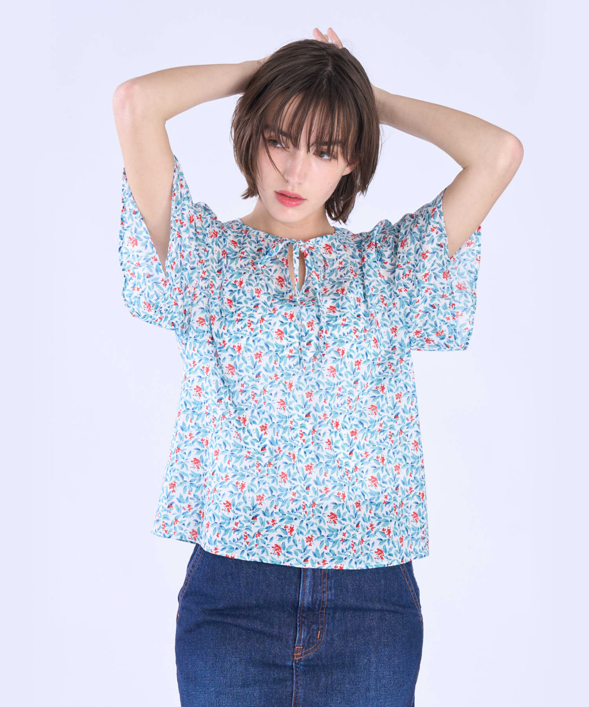 To b. by agnès b. ボタニカル プリント コットン 半袖 ブラウス レッド