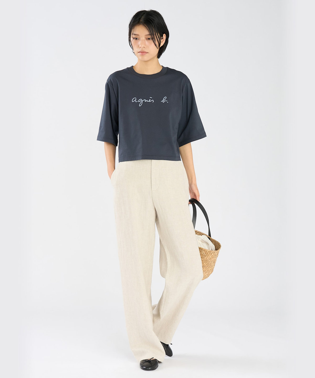 FEMME ウィメンズ ロゴ コットン 5分袖 Tシャツ "Yoko" グレー