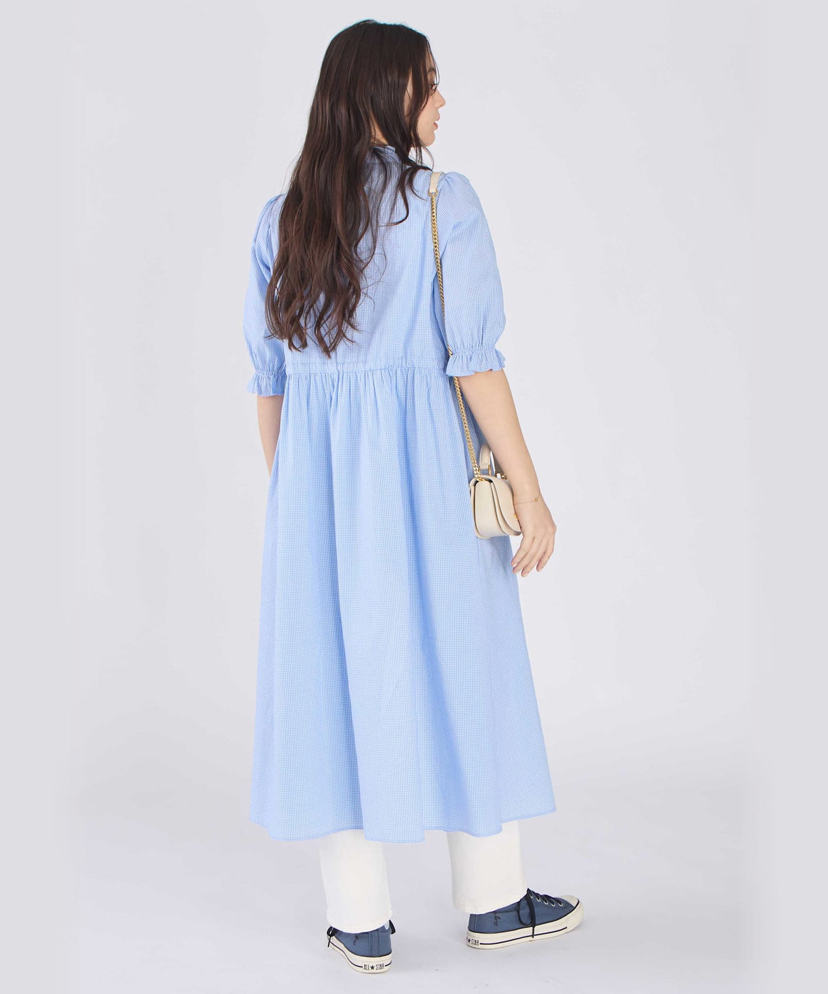 To b. by agnès b. ギンガムチェック コットン フリル ワンピース ブルー