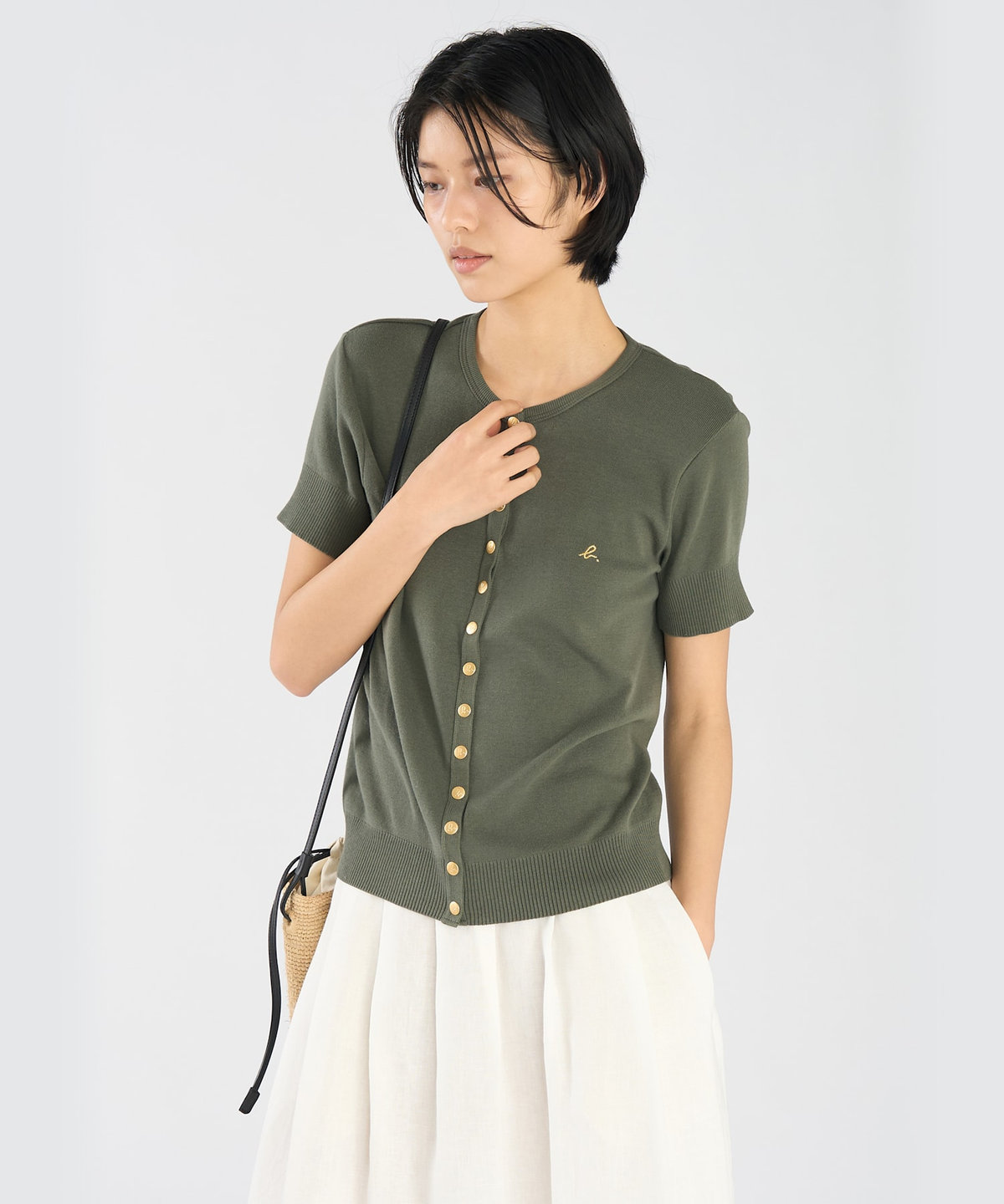 FEMME ウィメンズ "b."ロゴ刺繍 コットンニット 半袖 カーディガンプレッション "Swing" カーキ