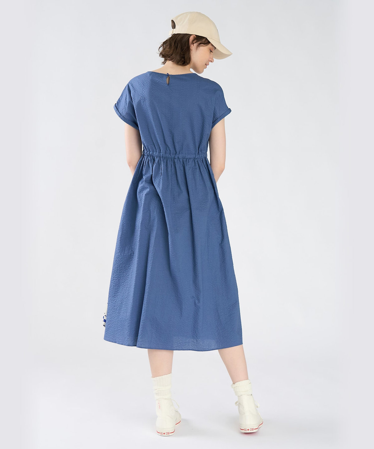 To b. by agnès b. コットン ウエストリボン ショートスリーブ ワンピース ネイビー