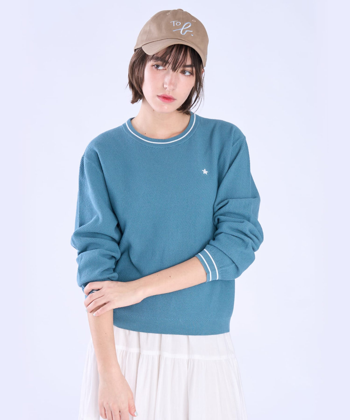 To b. by agnès b. スター 刺繍 ライン コットン 長袖 ニット プルオーバー ブルーグリーン