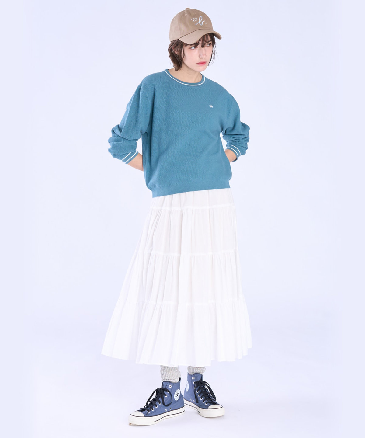 To b. by agnès b. スター 刺繍 ライン コットン 長袖 ニット プルオーバー ブルーグリーン