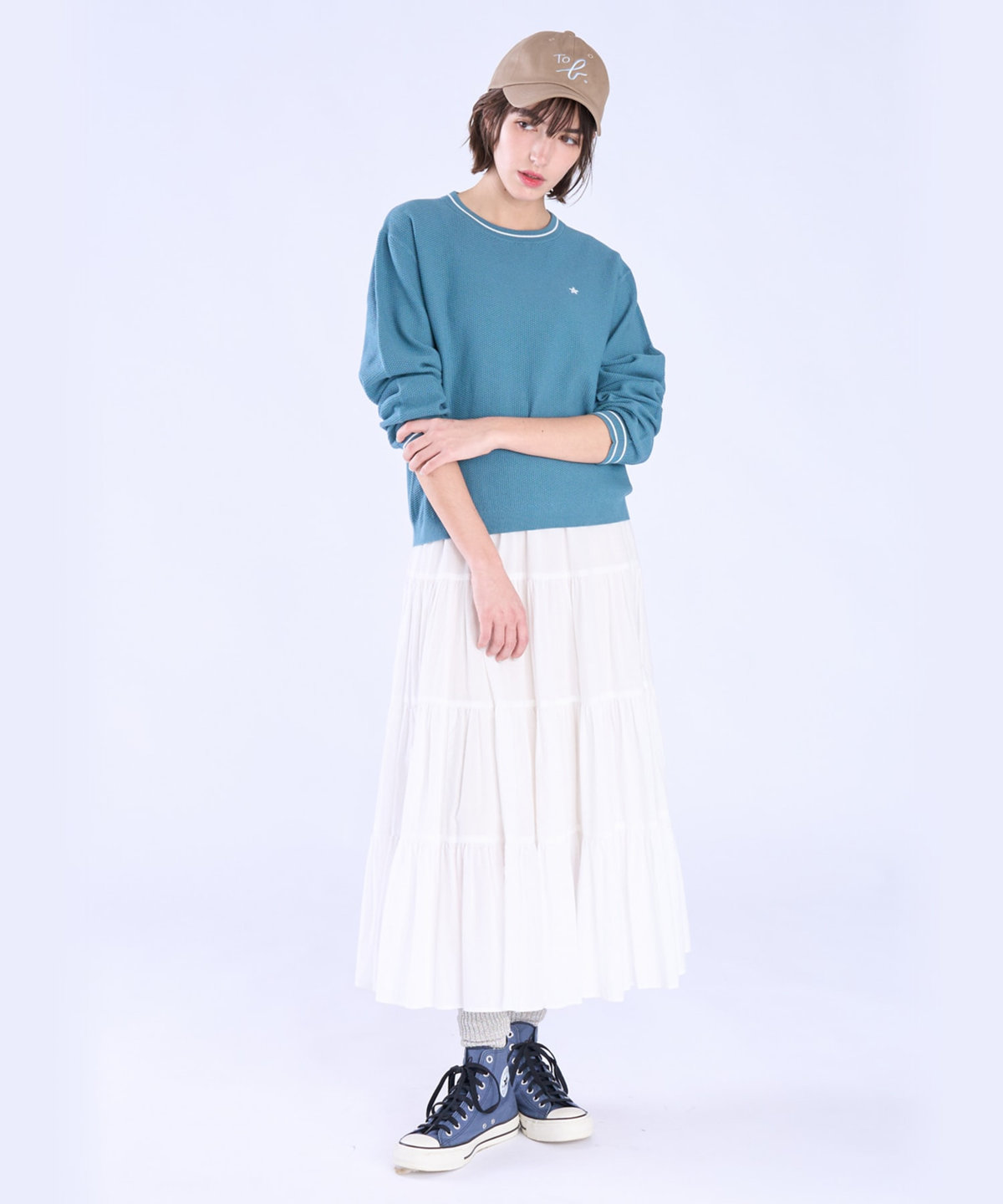 To b. by agnès b. スター 刺繍 ライン コットン 長袖 ニット プルオーバー ブルーグリーン