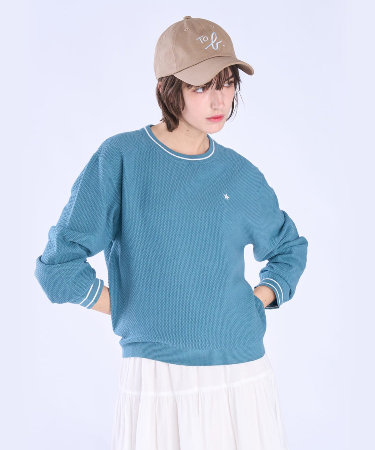 To b. by agnès b. スター 刺繍 ライン コットン 長袖 ニット プルオーバー ブルーグリーン