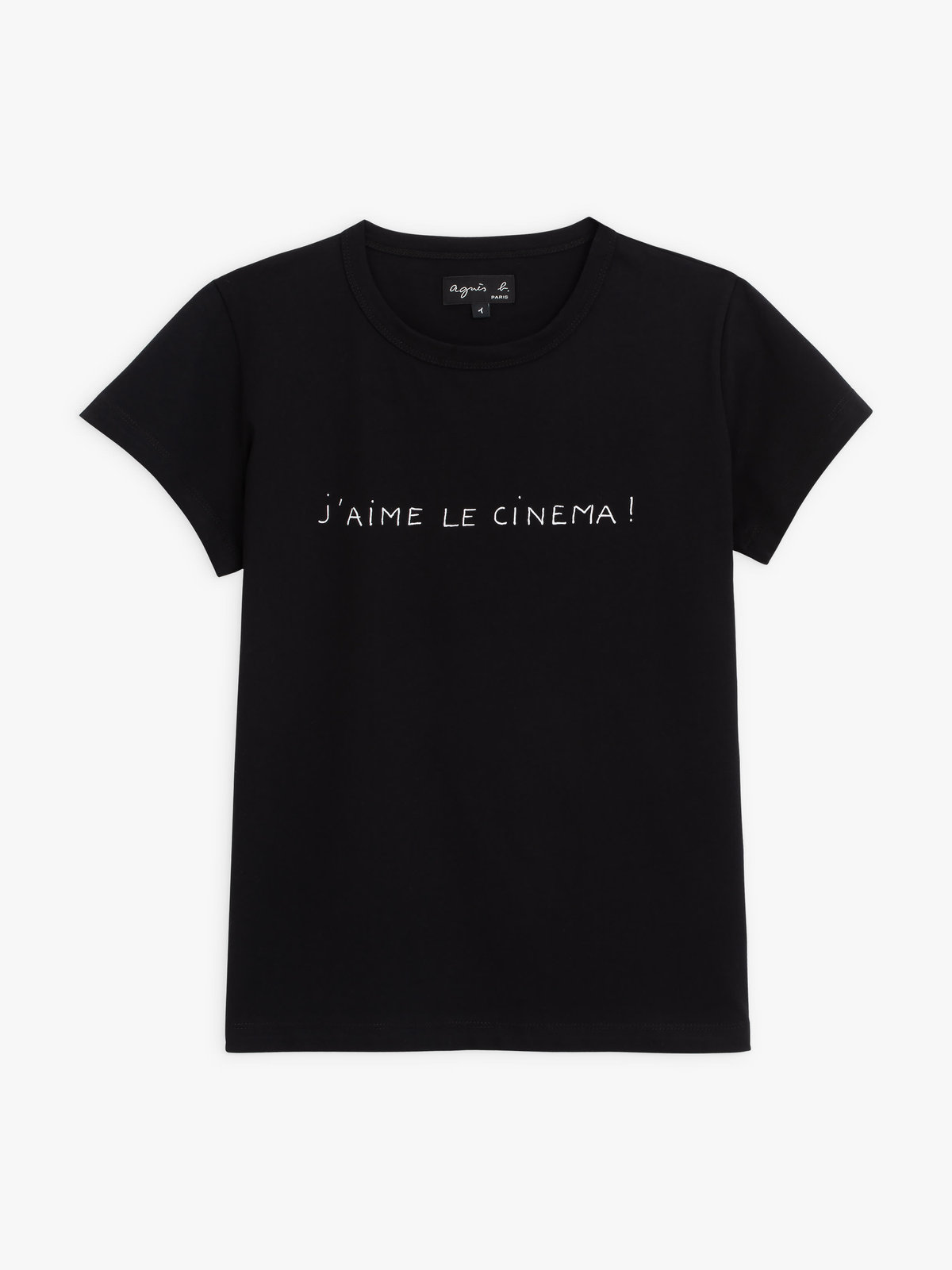 FEMME ウィメンズ メッセージ プリント コットン 半袖 Tシャツ "J'aime le cinema!" ブラック