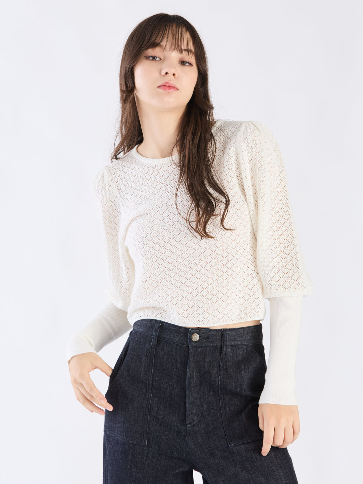 To b. by agnès b. 【Outlet】WW60 PULLOVER リブ x オープンワークスリーブプルオーバー ホワイト