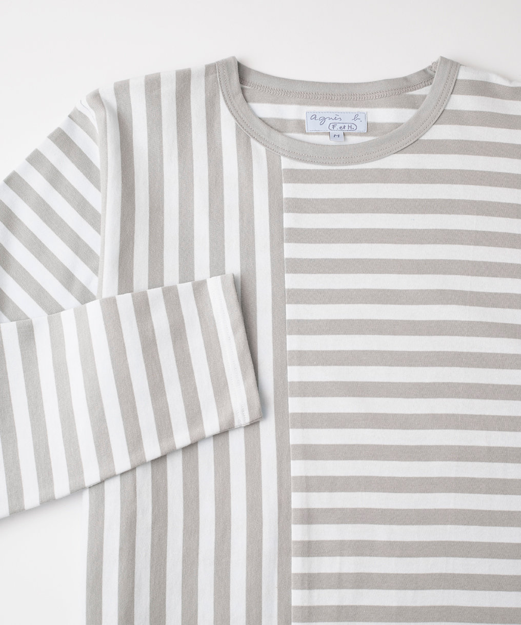 FEMME ウィメンズ 【by R 限定品】agnes b. 細ボーダーxストライプ コットン 長袖 Tシャツ "Haru" ライトグレー × ホワイト