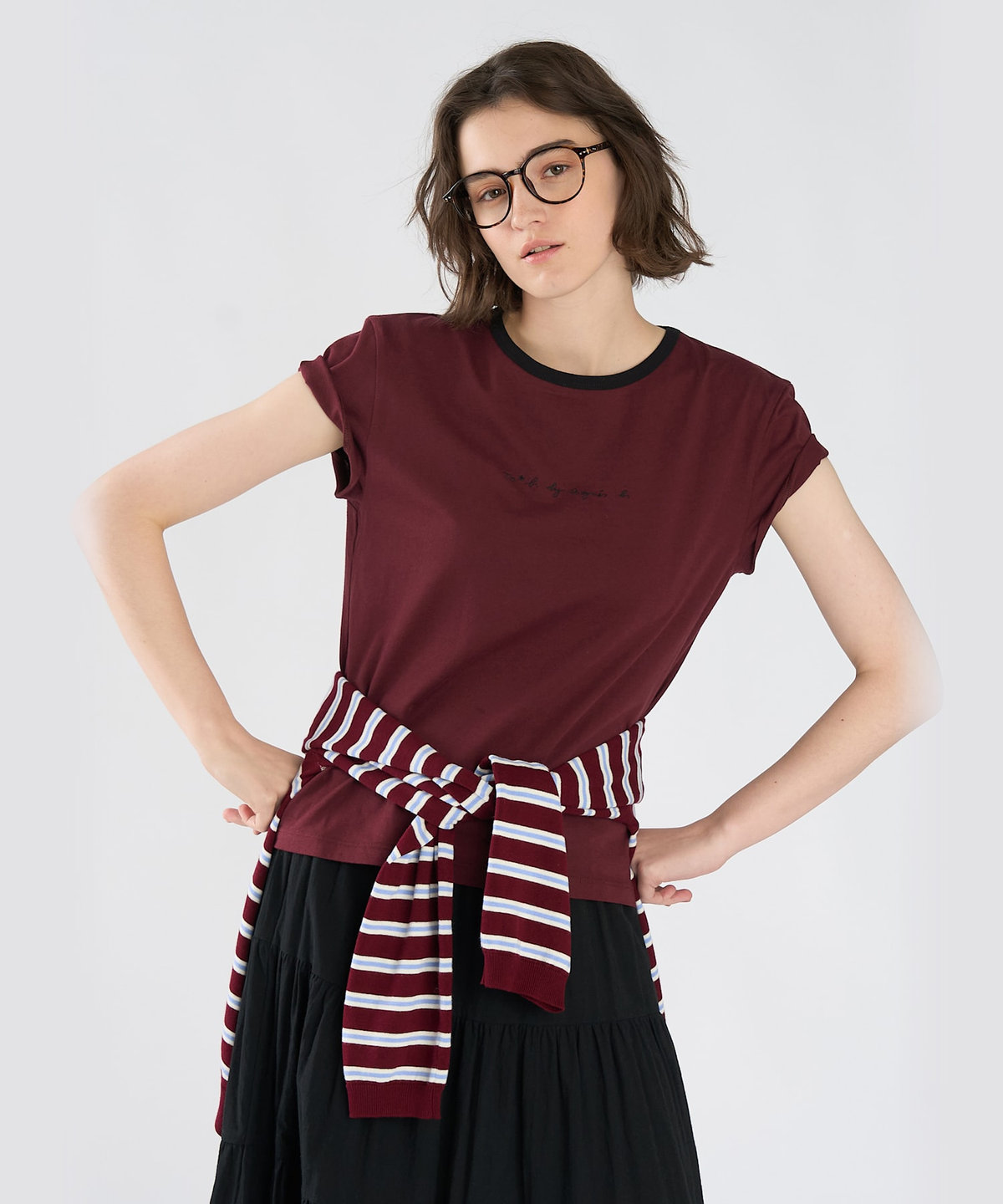 To b. by agnès b. To b. by agnes b.× green label relaxing ロゴ刺繍 オーガニックコットン リンガーTシャツ ボルドー