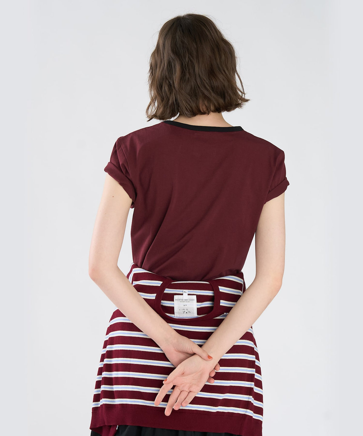 To b. by agnès b. To b. by agnes b.× green label relaxing ロゴ刺繍 オーガニックコットン リンガーTシャツ ボルドー