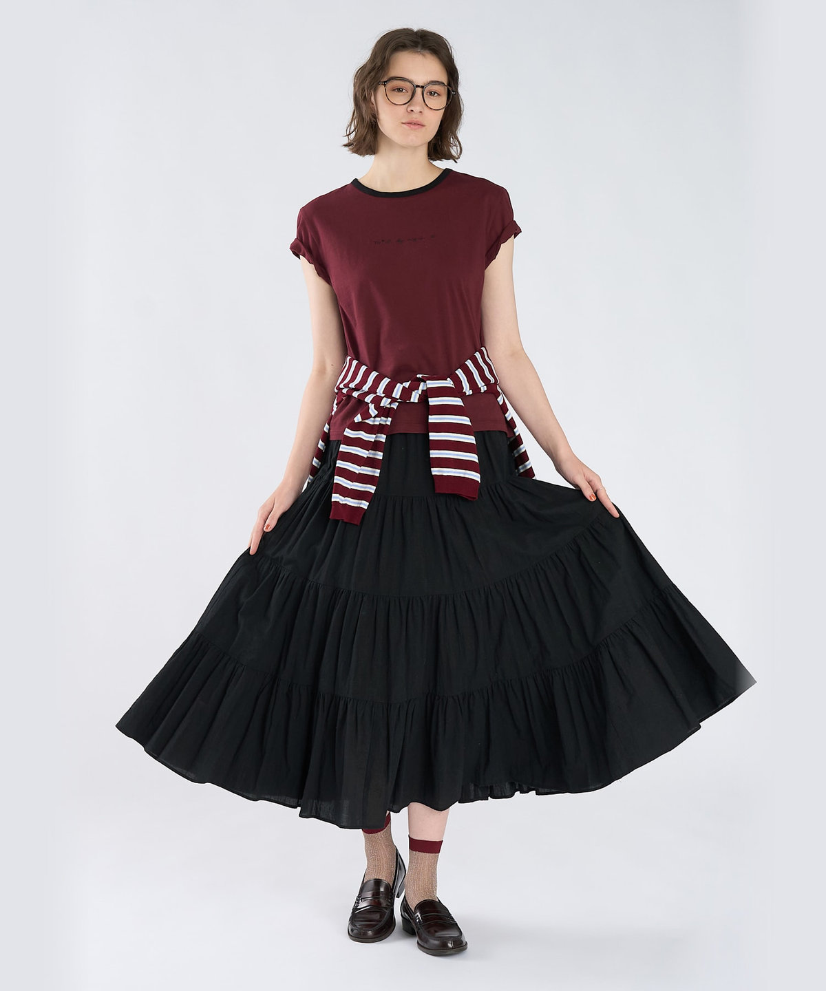 To b. by agnès b. To b. by agnes b.× green label relaxing ロゴ刺繍 オーガニックコットン リンガーTシャツ ボルドー