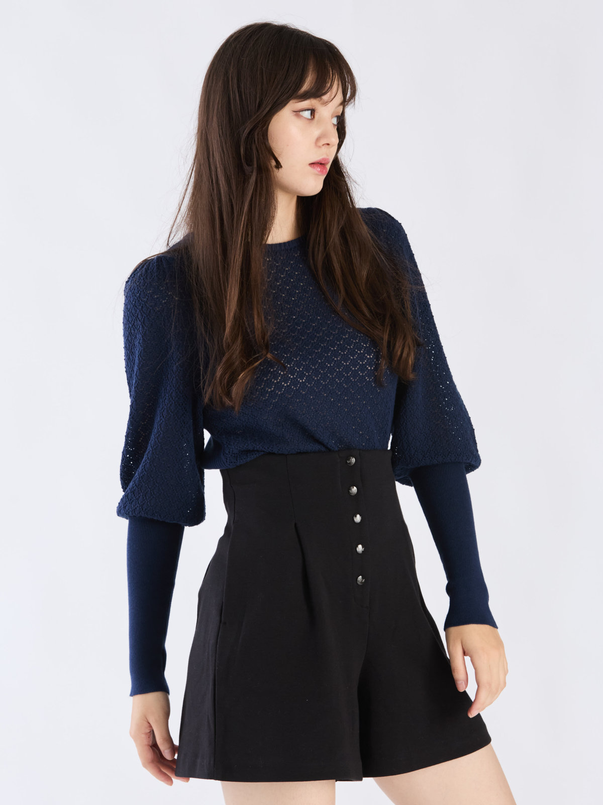 To b. by agnès b. 【Outlet】WW60 PULLOVER リブ x オープンワークスリーブプルオーバー ネイビー