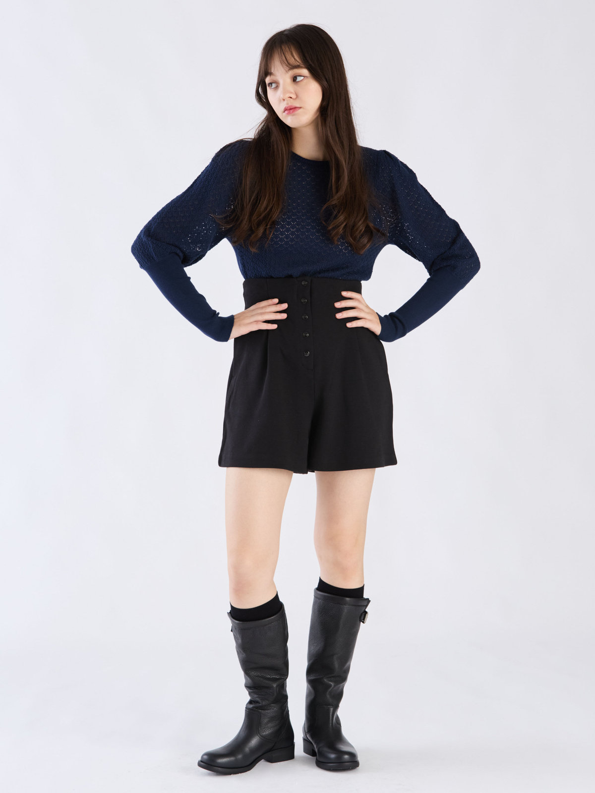 To b. by agnès b. 【Outlet】WW60 PULLOVER リブ x オープンワークスリーブプルオーバー ネイビー