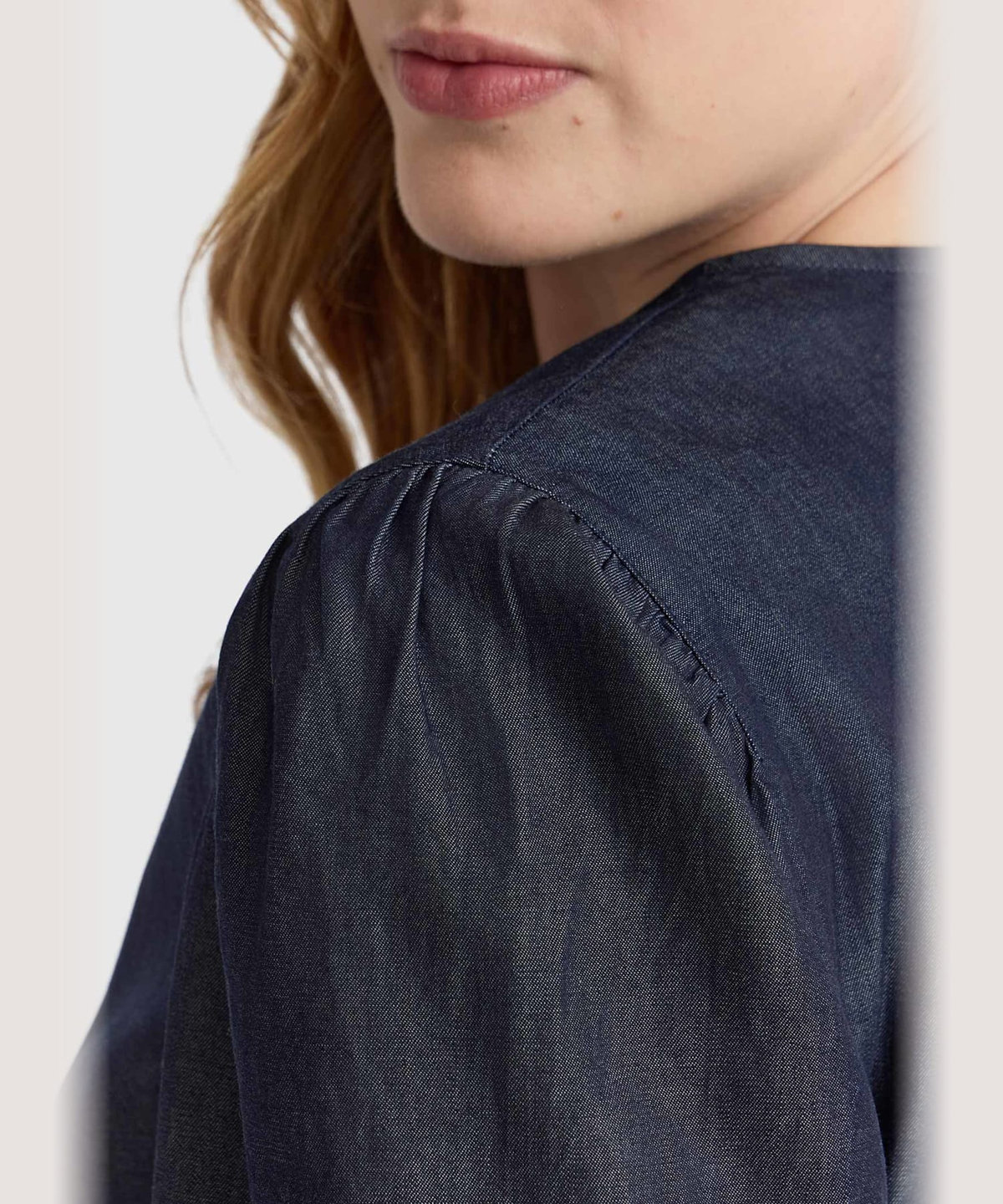 FEMME ウィメンズ デニム シャンブレー ボリュームスリーブ ブラウス "New Caraco" ネイビー