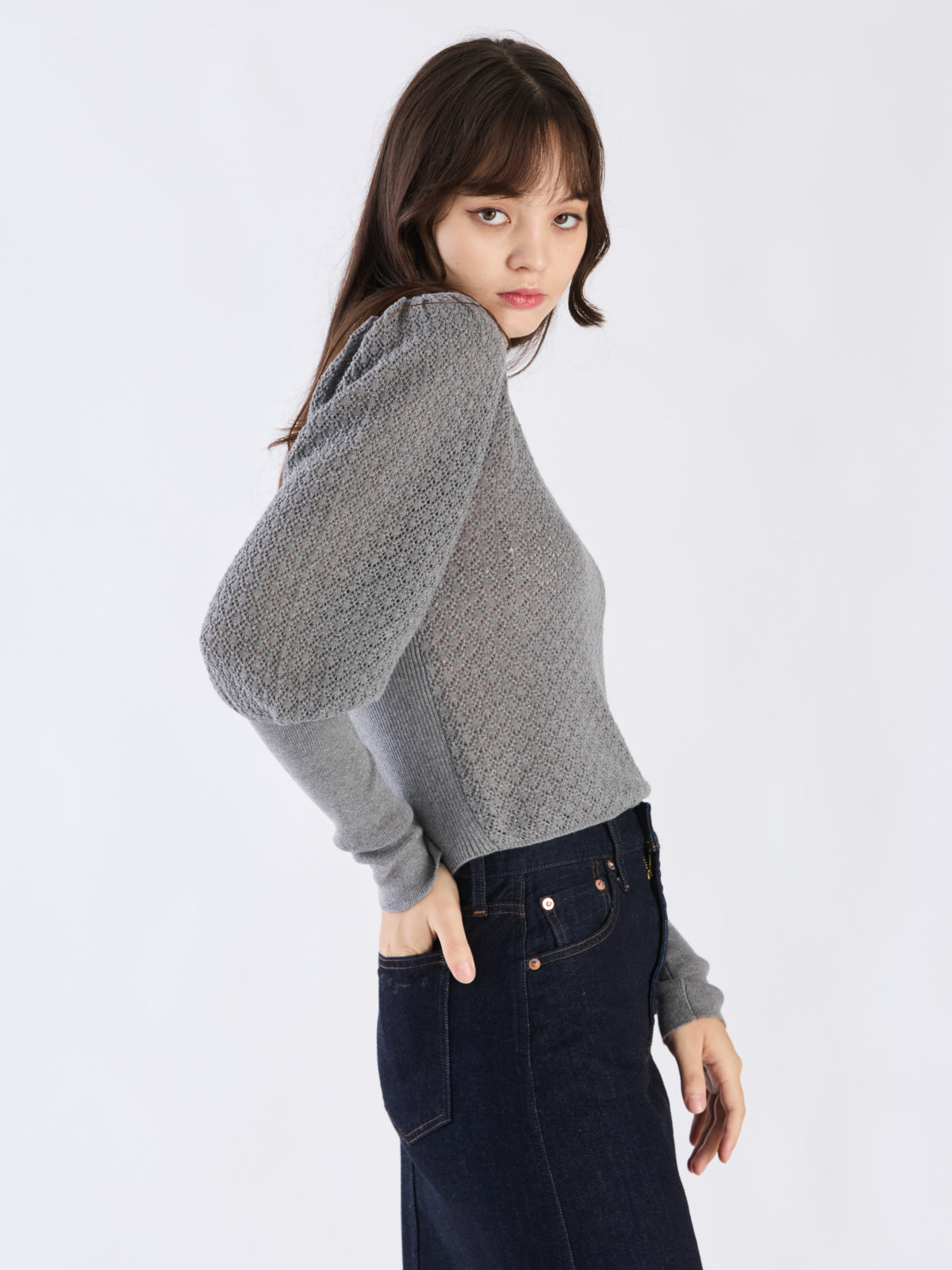 To b. by agnès b. 【Outlet】WW60 PULLOVER リブ x オープンワークスリーブプルオーバー グレー