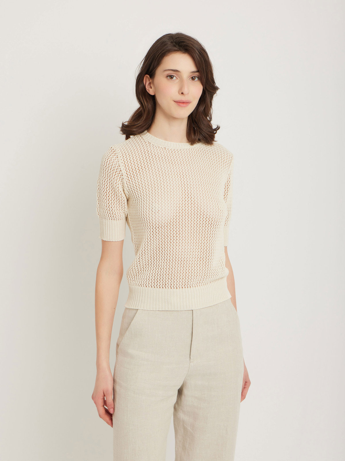 FEMME ウィメンズ コットン ニット 半袖 メッシュ プルオーバー "Betty" ブラウン系その他