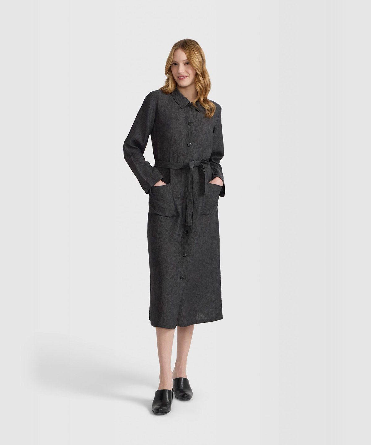 FEMME ウィメンズ リネン 長袖 シャツワンピース "Bb" グレー