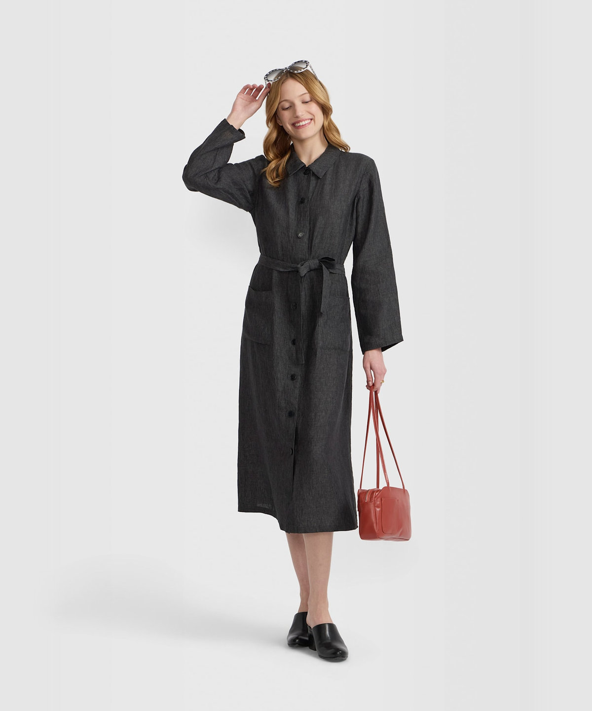 FEMME ウィメンズ リネン 長袖 シャツワンピース "Bb" グレー