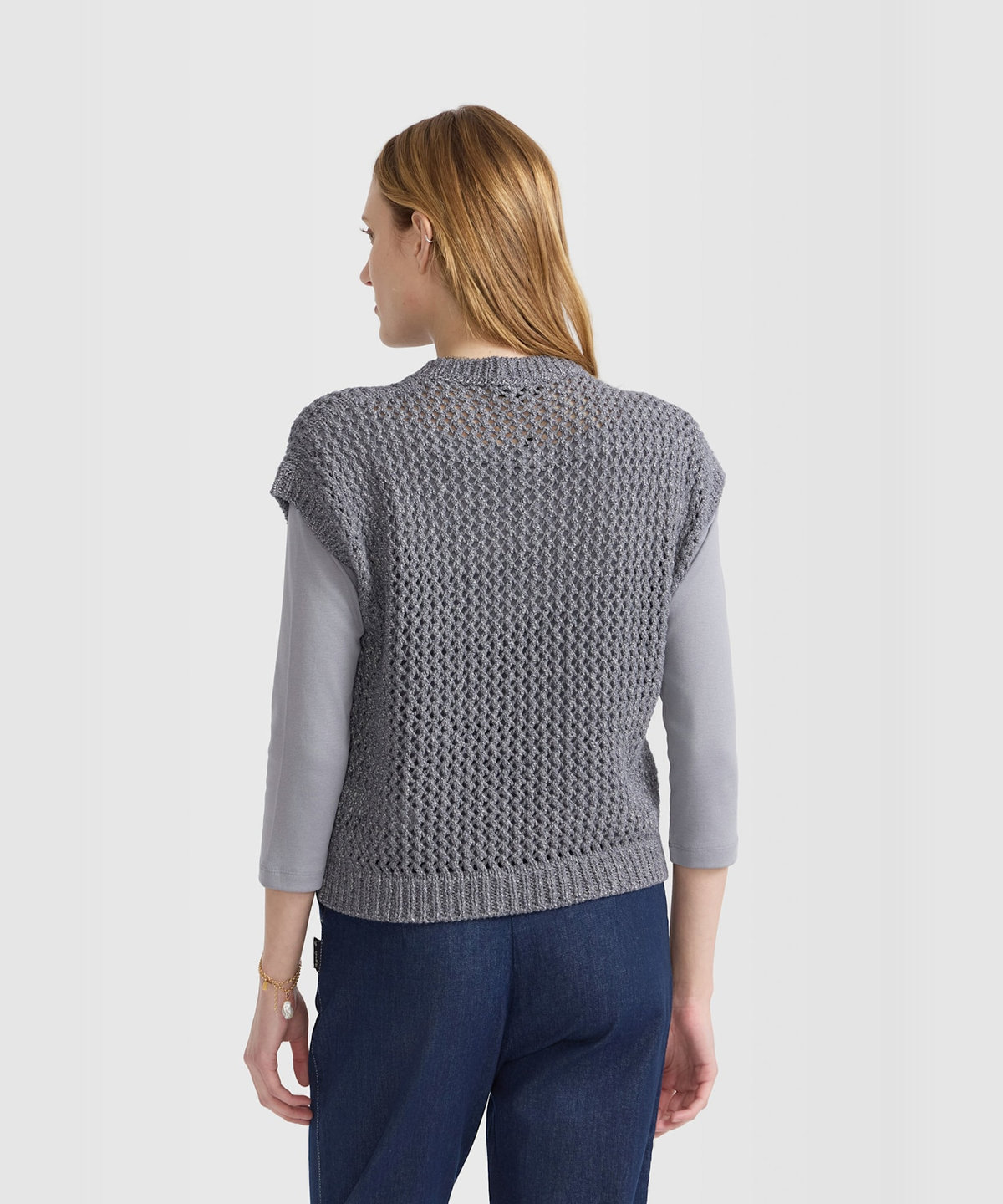 FEMME ウィメンズ 透かし編み コットン ノースリーブ ニット プルオーバー "Cary" グレー