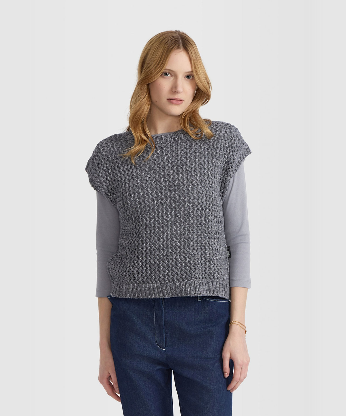 FEMME ウィメンズ 透かし編み コットン ノースリーブ ニット プルオーバー "Cary" グレー