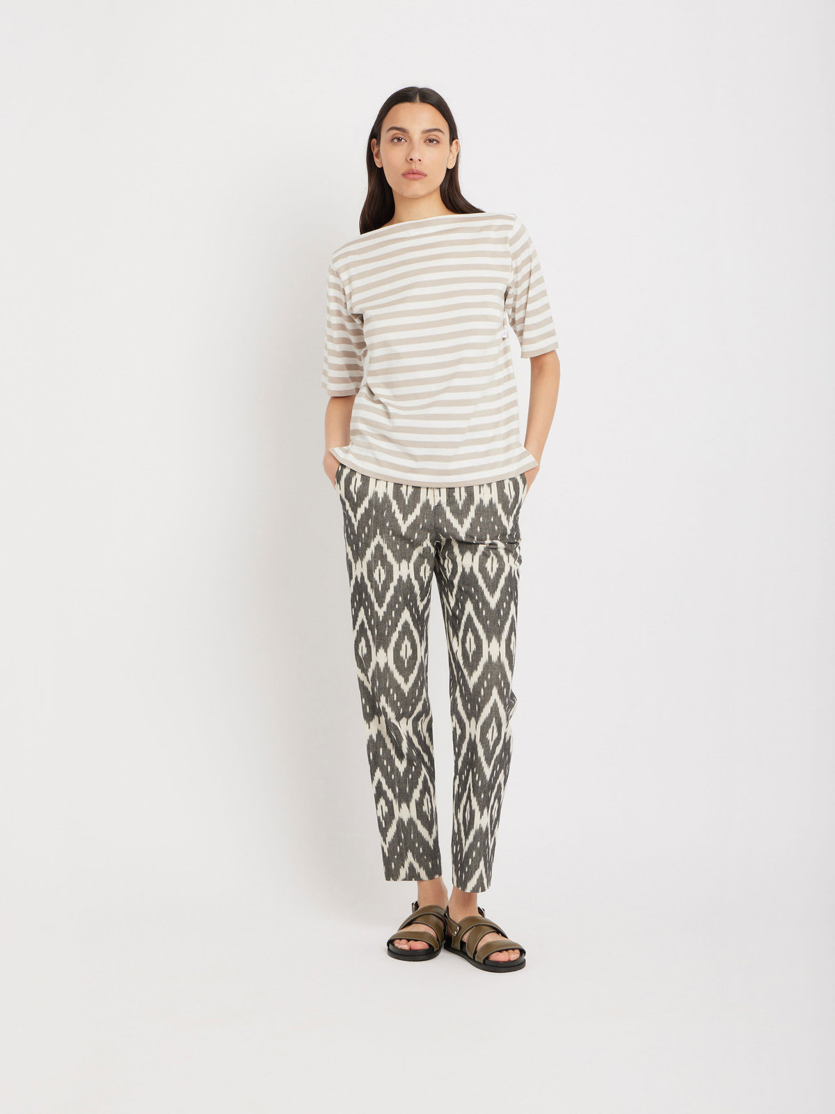 FEMME ウィメンズ 【Outlet】ボーダー コットン 五分袖 Tシャツ "Marin" ベージュ×オフホワイト