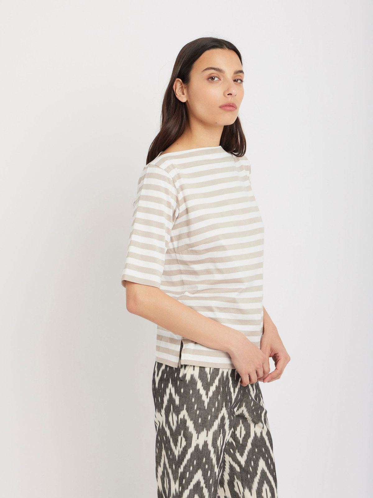 FEMME ウィメンズ 【Outlet】ボーダー コットン 五分袖 Tシャツ "Marin" ベージュ×オフホワイト