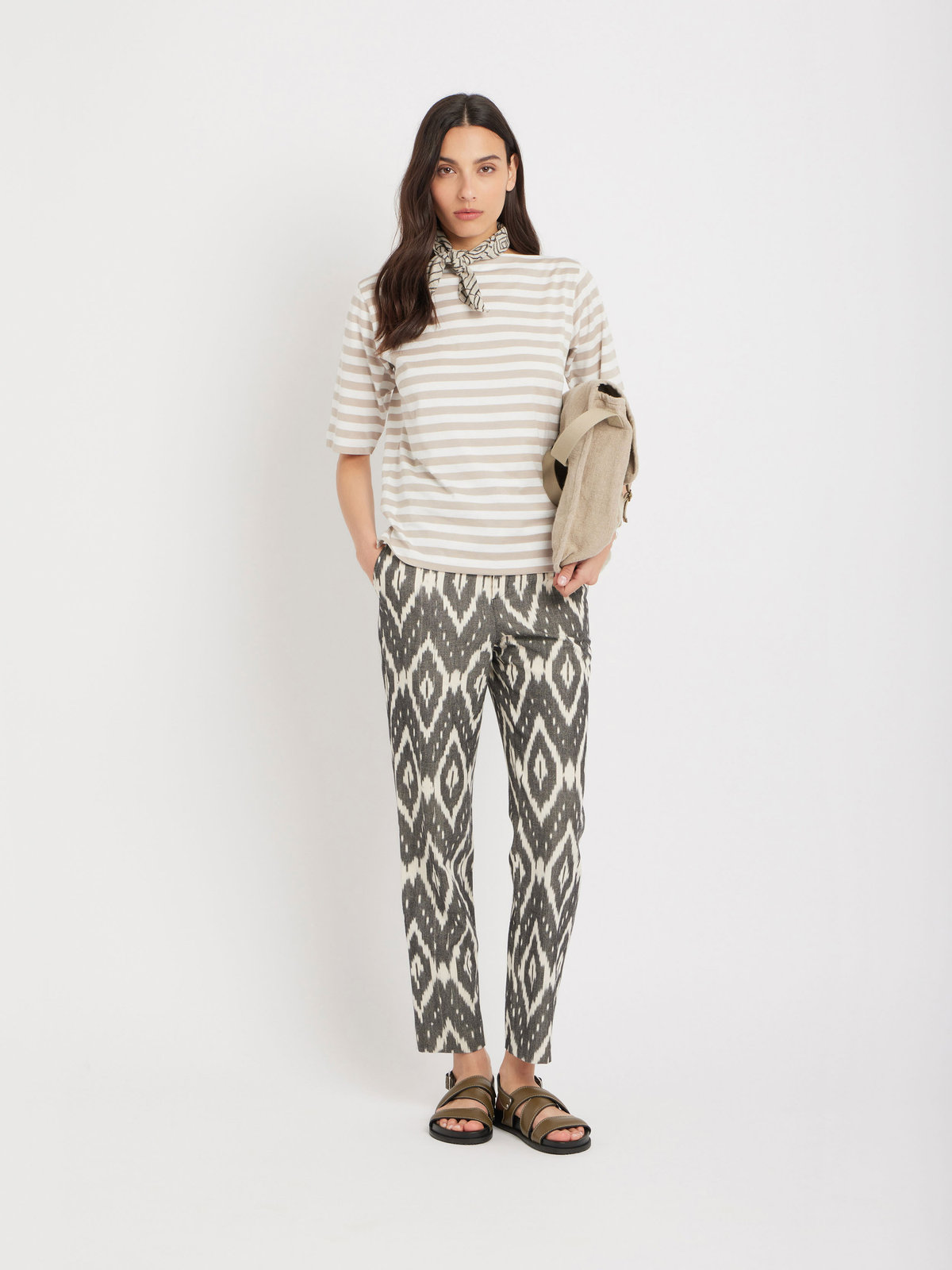 FEMME ウィメンズ 【Outlet】ボーダー コットン 五分袖 Tシャツ "Marin" ベージュ×オフホワイト