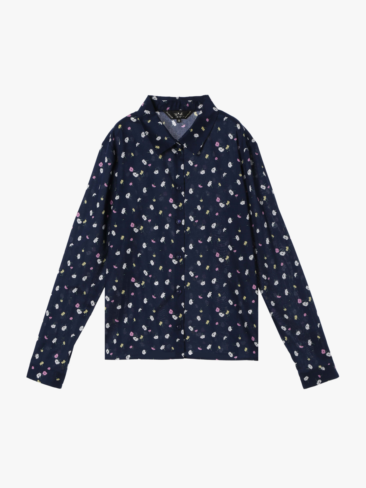 To b. by agnès b. フラワープリント コットン 長袖 ブラウス ネイビー