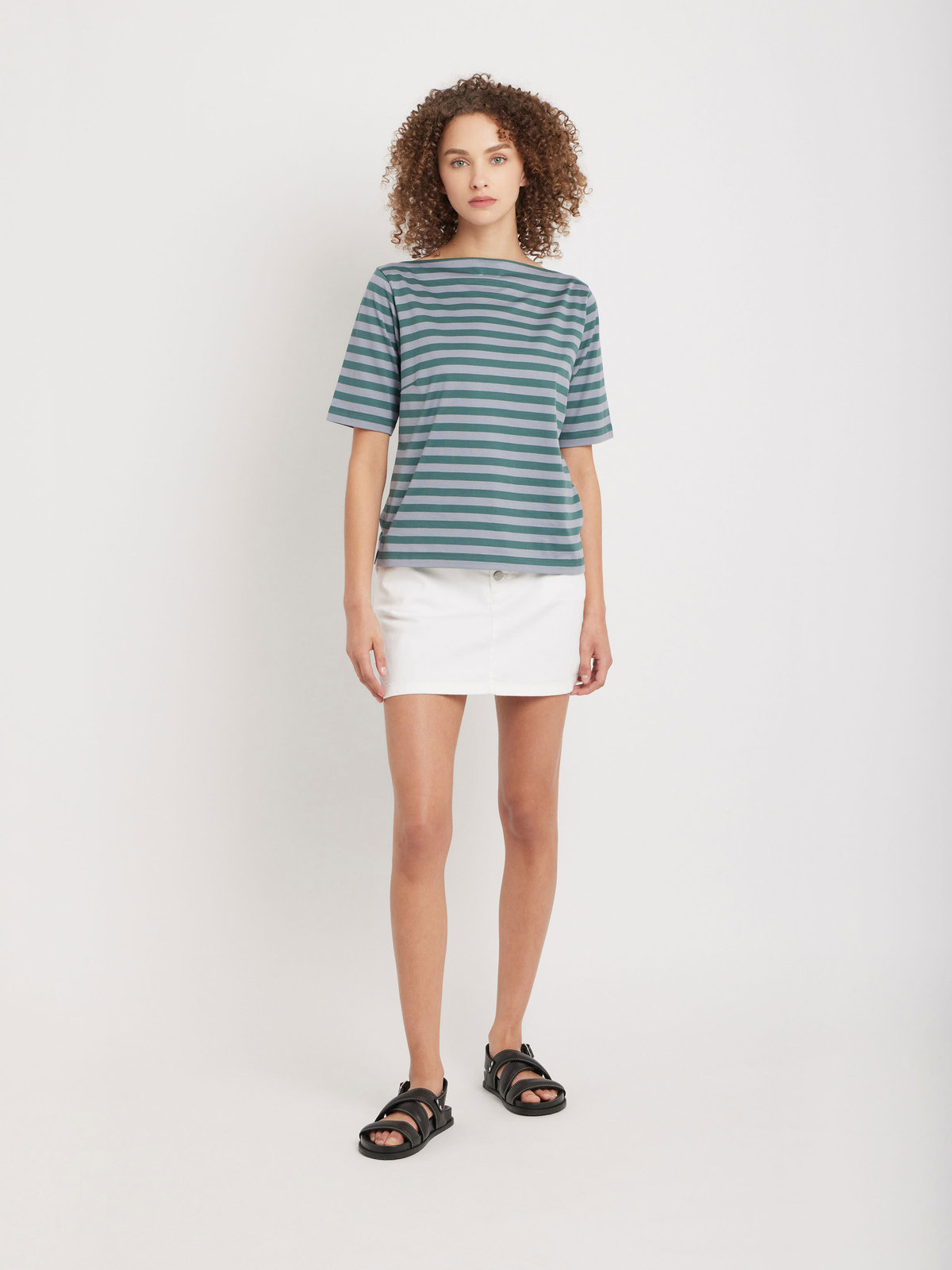FEMME ウィメンズ 【Outlet】ボーダー コットン 五分袖 Tシャツ ”Marin” グリーン×グレー