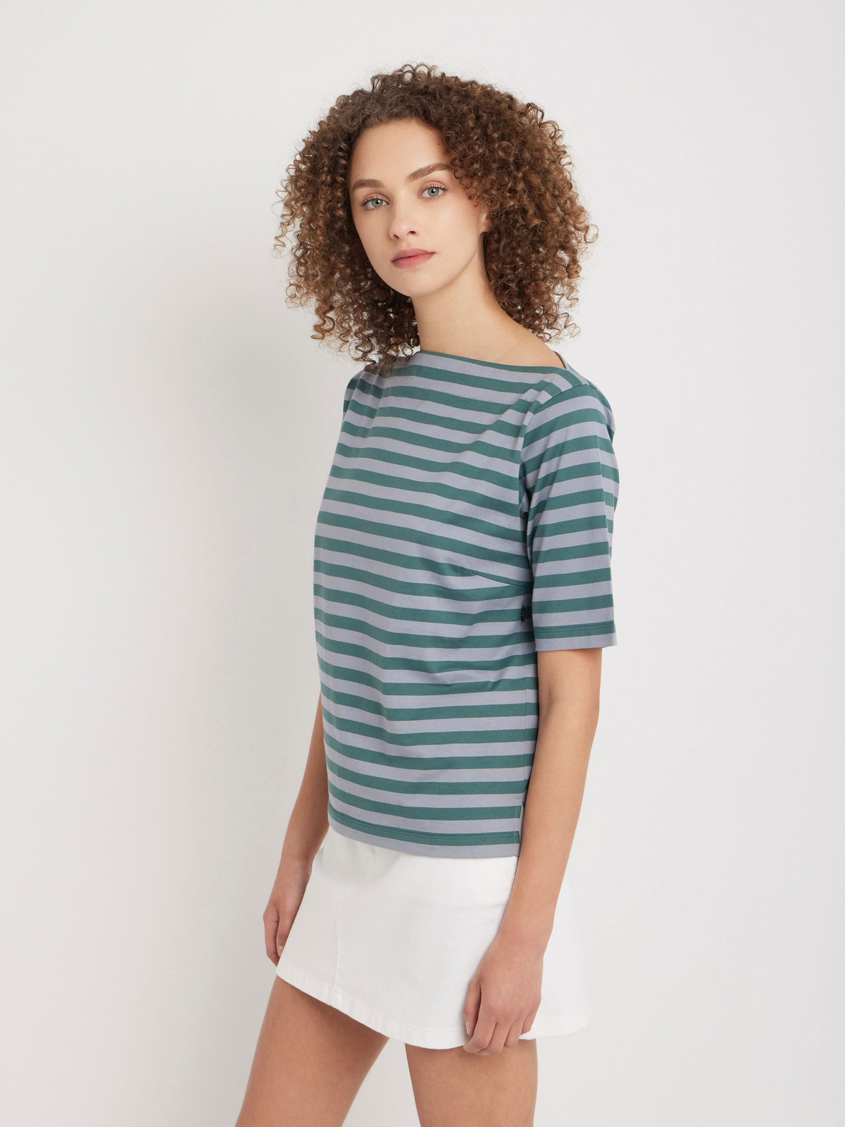 FEMME ウィメンズ 【Outlet】ボーダー コットン 五分袖 Tシャツ ”Marin” グリーン×グレー