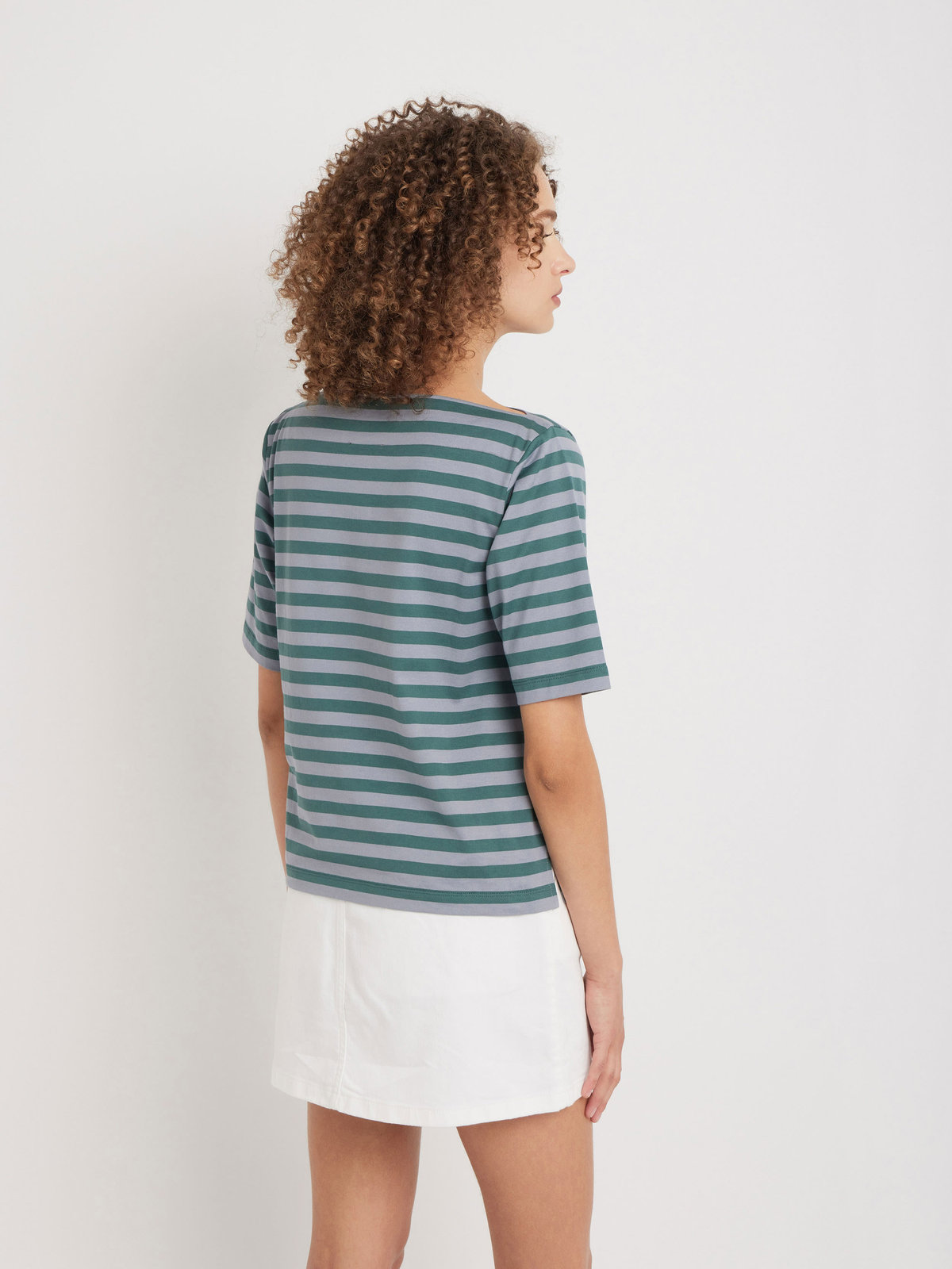 FEMME ウィメンズ 【Outlet】ボーダー コットン 五分袖 Tシャツ ”Marin” グリーン×グレー
