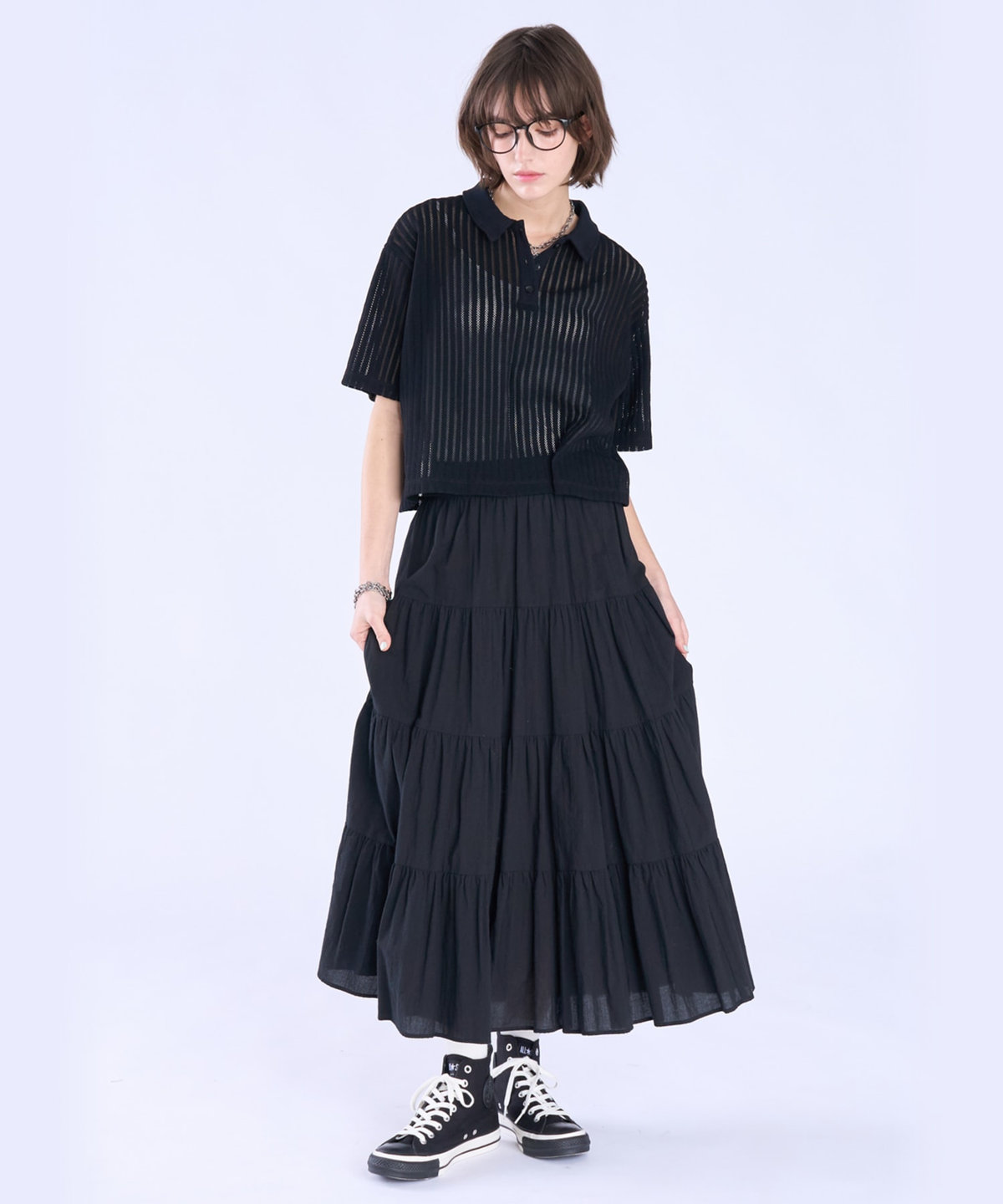 To b. by agnès b. ラッフルメッシュ ストライプ ポロシャツ ブラック