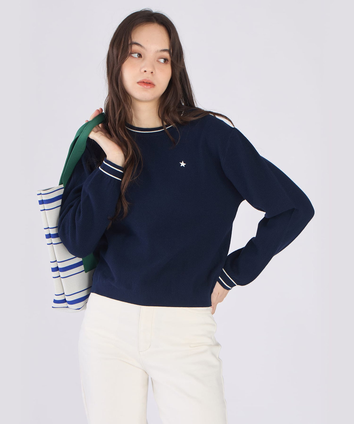 To b. by agnès b. スター 刺繍 ライン コットン 長袖 ニット プルオーバー ネイビー