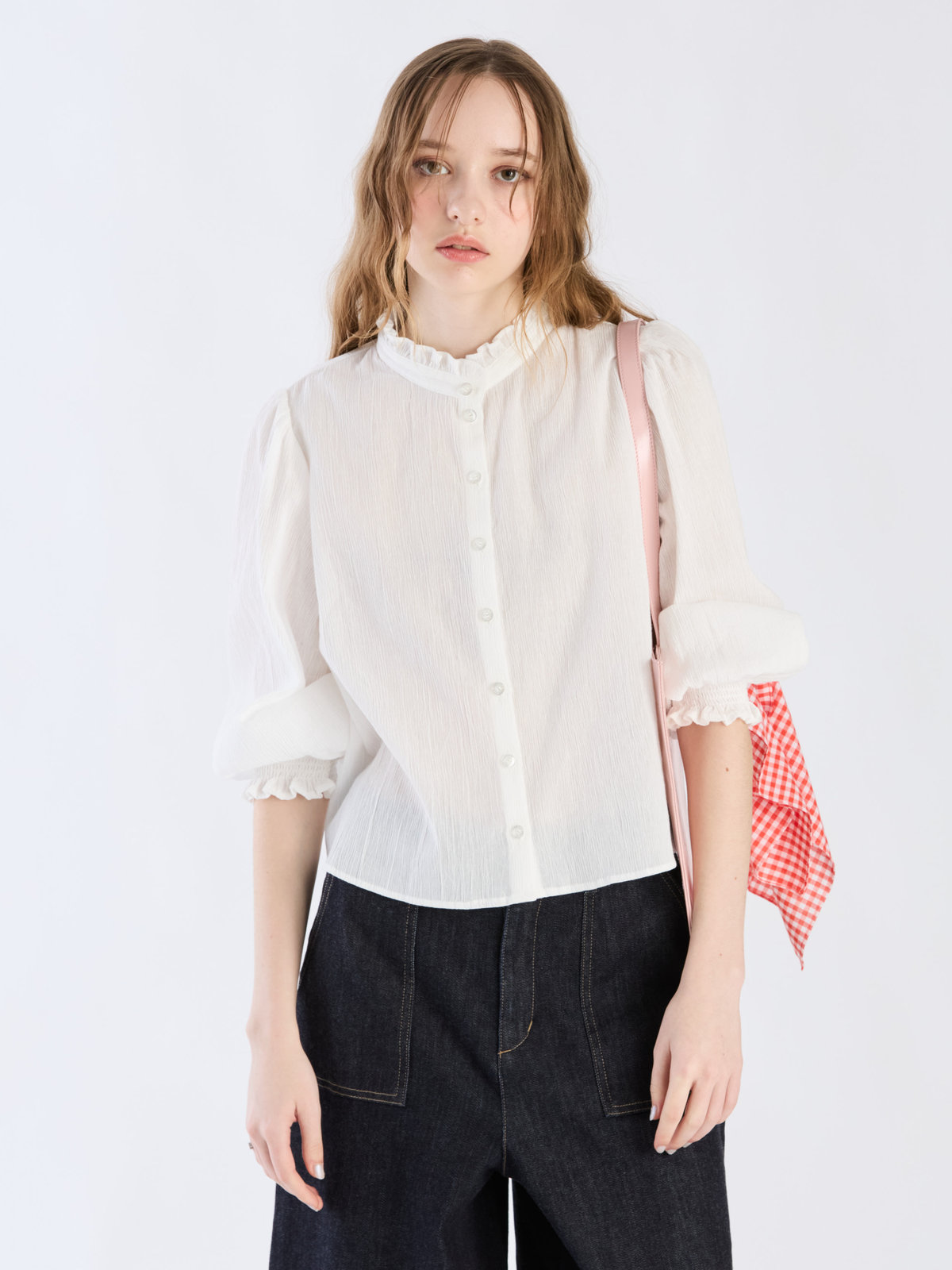 To b. by agnès b. 【Outlet】コットンクレープフリルブラウス ホワイト