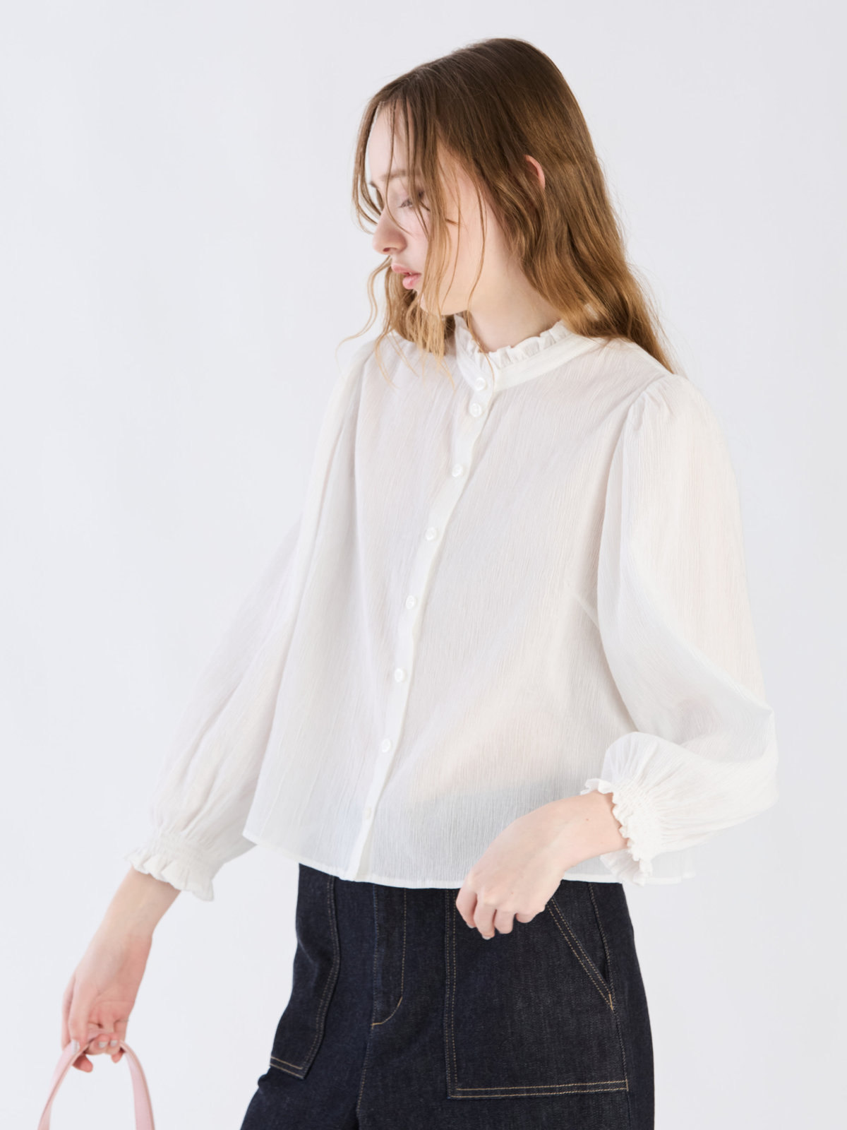 To b. by agnès b. 【Outlet】コットンクレープフリルブラウス ホワイト